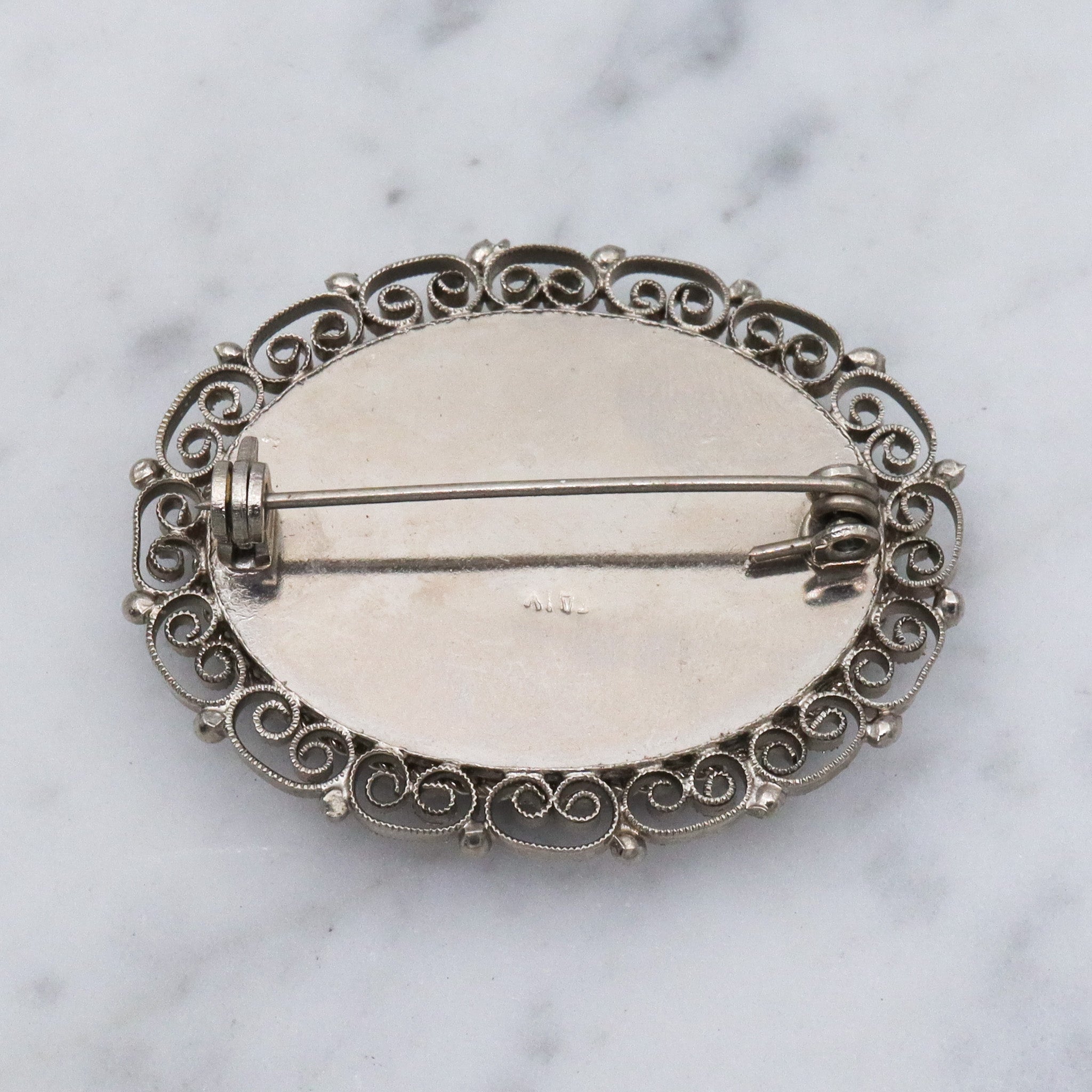 Vintage Spanish silver tone micro mosaic tile brooch